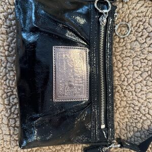 Black Patent Wristlet Clutch with Logo Patch